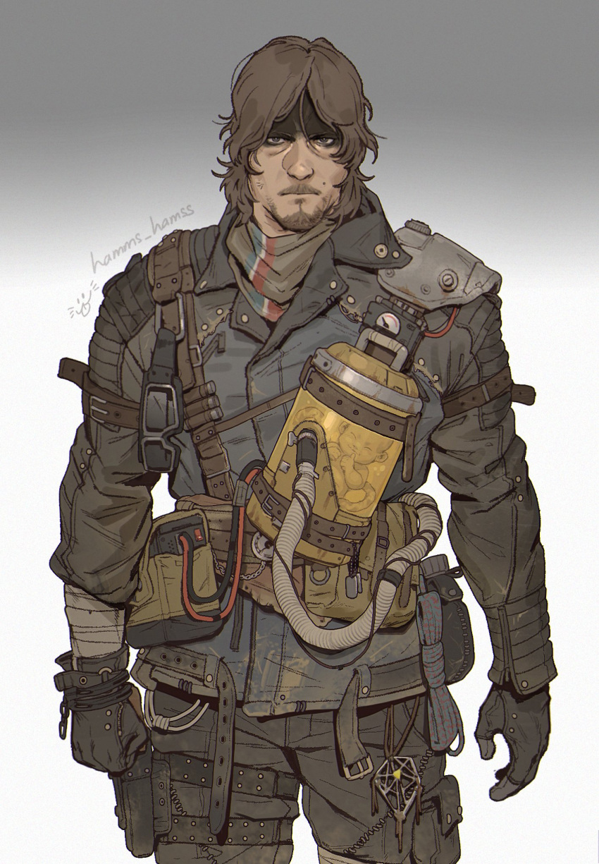 1boy, brown_eyes, brown_hair, brown_jacket, brown_pants, death_stranding, english_commentary, facial_hair
