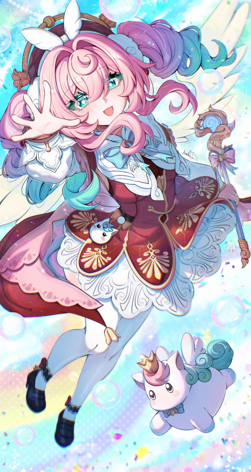 1girl, absurdres, aqua_eyes, aqua_hair, black_shoes, breasts, commentary_request, cutescookie, dress, hat, highres, holding, holding_staff, honkai:_star_rail, honkai_(series), hyacine_(honkai:_star_rail), little_ica_(honkai:_star_rail), long_hair, multicolored_hair, open_mouth, pantyhose, red_dress, red_hat, shoes, small_breasts, staff, twintails, two-tone_hair, white_pantyhose