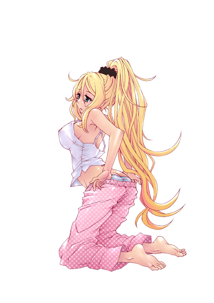 aqua_eyes, barefoot, blonde_hair, camisole, feet, lisa_vayu, long_hair, pajamas