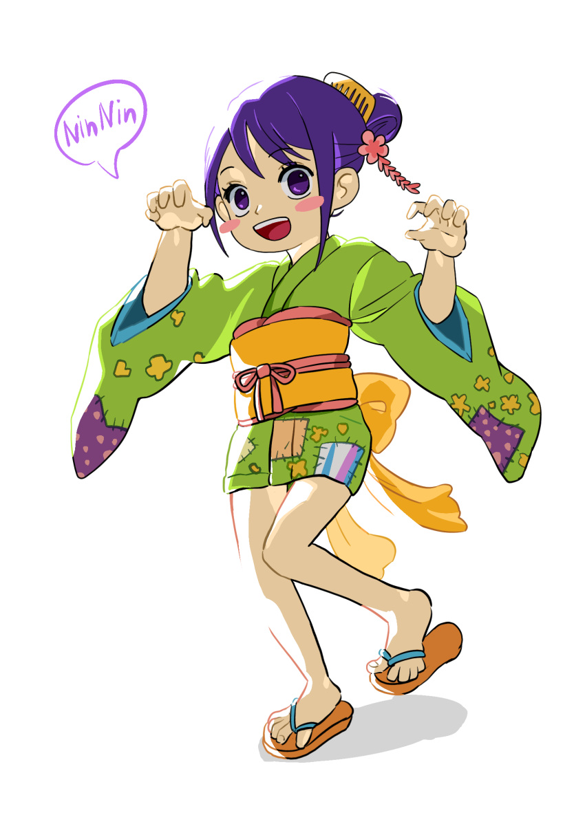 1girl, arms_up, comb, commentary_request, green_kimono, hair_bun, highres, japanese_clothes, kimono, korean_commentary, kurozumi_tama, looking_at_viewer, medium_hair, nakajima_(user111860274), one_piece, open_mouth, print_kimono, purple_hair, sandals, single_hair_bun, smile, solo, standing, standing_on_one_leg, teeth, toes, upper_teeth_only, zouri