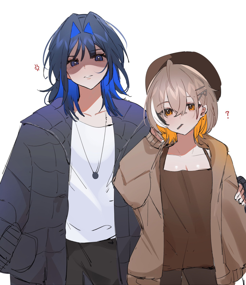 2girls, ?, ahoge, anger_vein, arm_around_shoulder, beret, black_jacket, black_pants