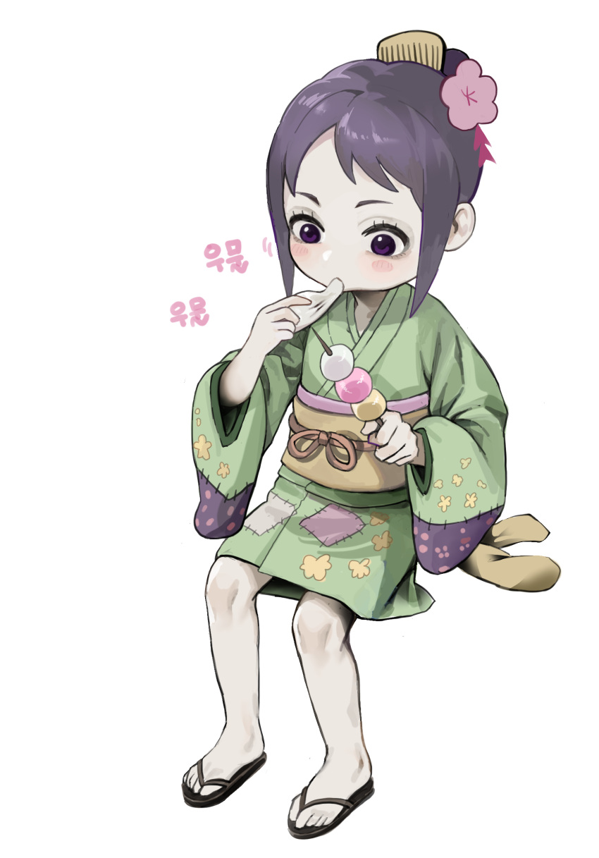 1girl, comb, commentary_request, dango, eating, eyelashes, food, full_body