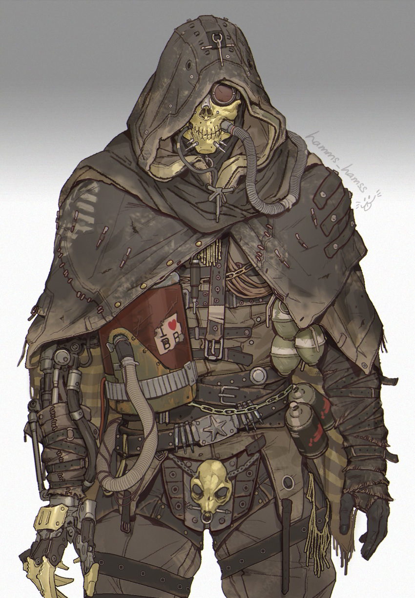 1boy, belt, brown_jacket, brown_pants, death_stranding, english_commentary, facial_hair, gas_mask