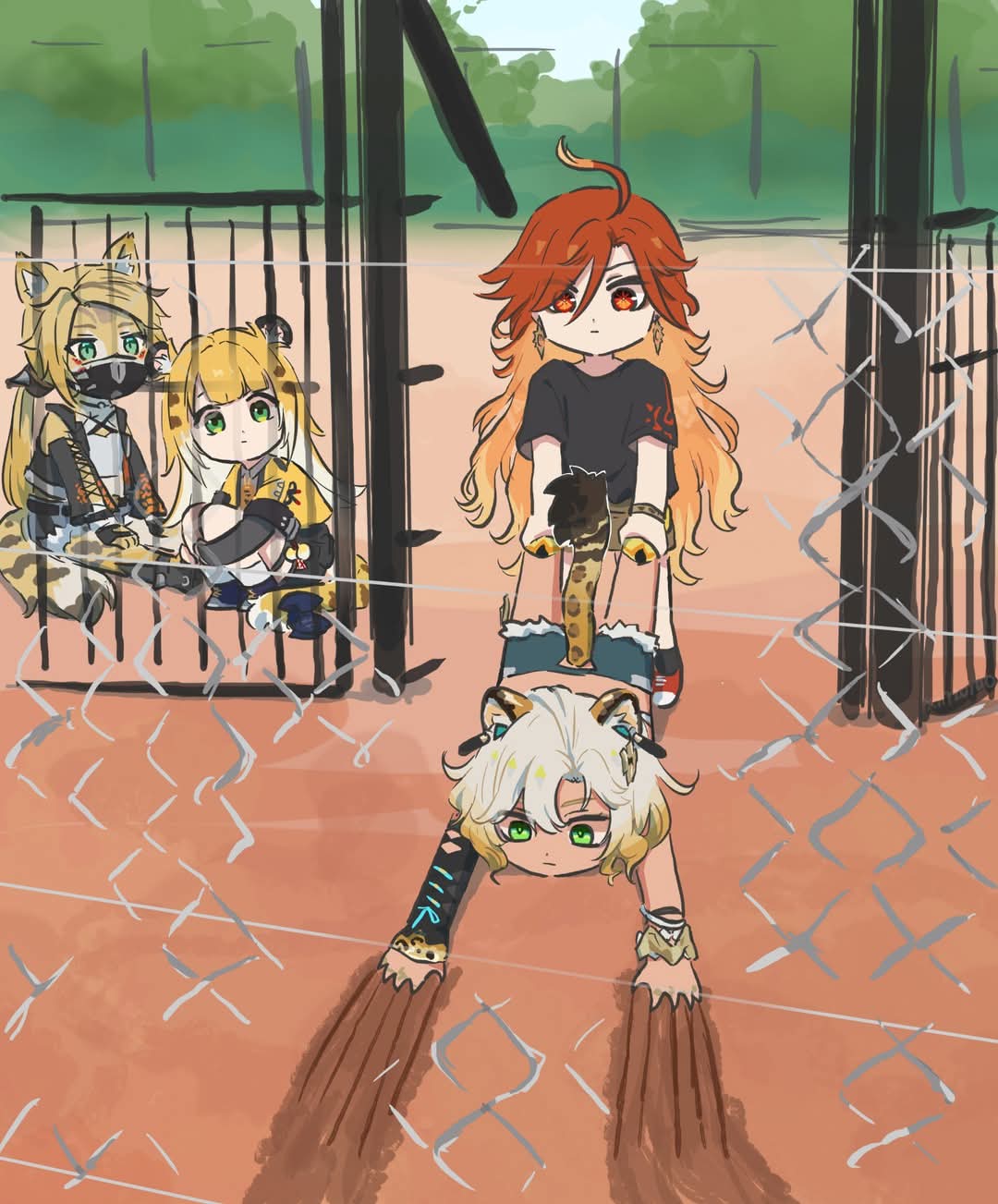 animal_ears, dragging, genshin_impact, ju_fufu, long_hair, mavuika_(genshin_impact), multiple_girls, pulchra_fellini