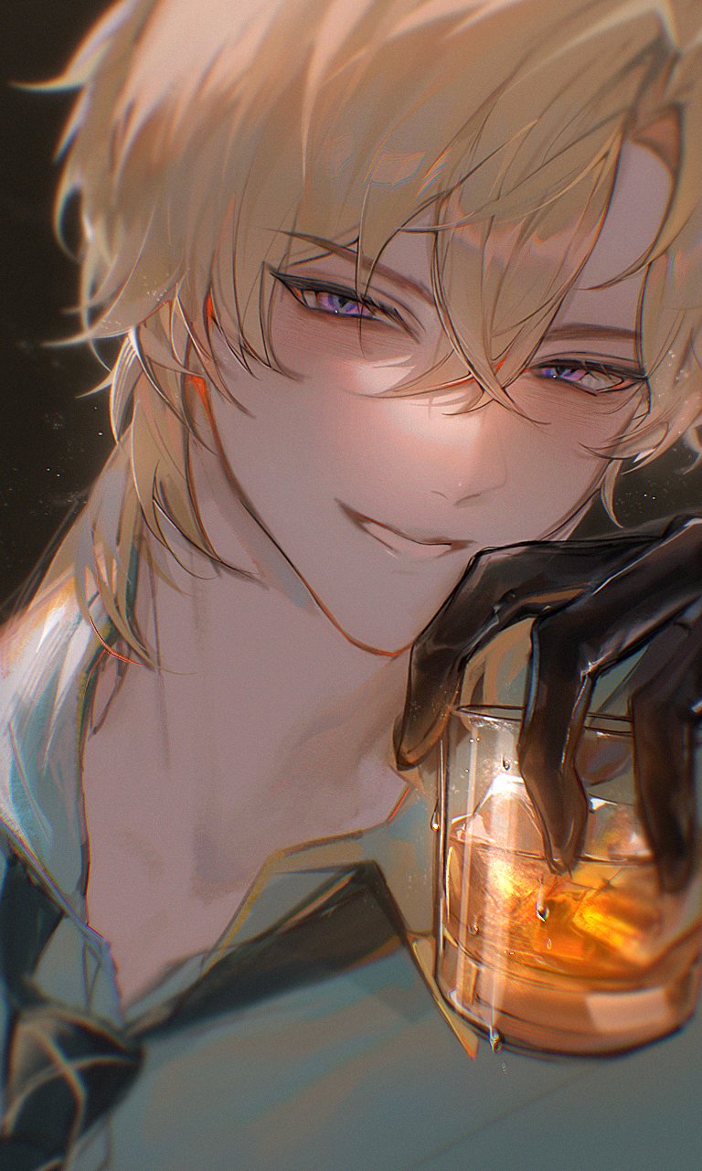1boy, aqua_shirt, aventurine_(honkai:_star_rail), black_background, black_gloves, black_necktie, blonde_hair, blush