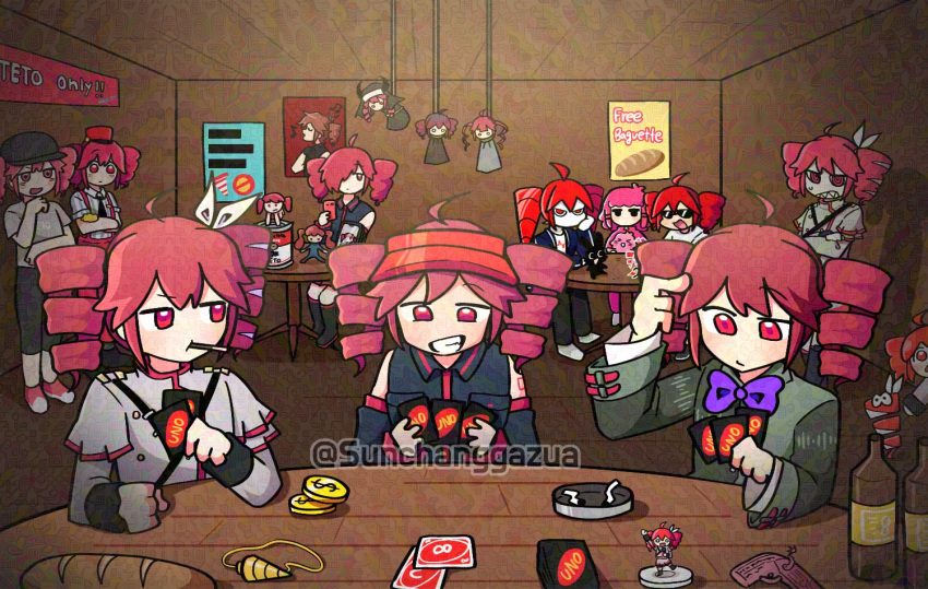 @_@, akage_(vocaloid), arm_tattoo, bar_(place), bare_shoulders, belt, black_belt, black_hat, black_shirt, black_sleeve_cuffs, bottle, bow, bowtie, bread, breast_pocket, card, character_request, coin, collared_shirt, crossed_arms, drill, drill_hair, dual_persona, food, food_in_mouth, gold_coin, grey_jacket, grey_shirt, gun, hair_between_eyes, hat, holding, holding_card, indoors, jacket, jewelry, kasane_teto, kasane_teto_(sv), kasane_teto_(utau), kasane_teto_(voicepeak), layered_sleeves, liar_dancer_(synthesizer_v), mesmerizer_(vocaloid), multiple_girls, multiple_persona, necklace, necktie, override_(synthesizer_v), pink_eyes, pink_hair, pocket, pocky, pocky_in_mouth, poster_(object), purple_bow, purple_bowtie, red_eyes, red_hair, shadow, shirt, shoulder_belt, sleeve_cuffs, smile, sunchanggazua, synthesizer_v, table, tattoo, tetoris_(synthesizer_v), thigh-highs, twin_drills, twintails, ultra_trailer_(synthesizer_v), uno_(game), unworn_jewelry, unworn_necklace, utau, visor_cap, weapon, wing_collar