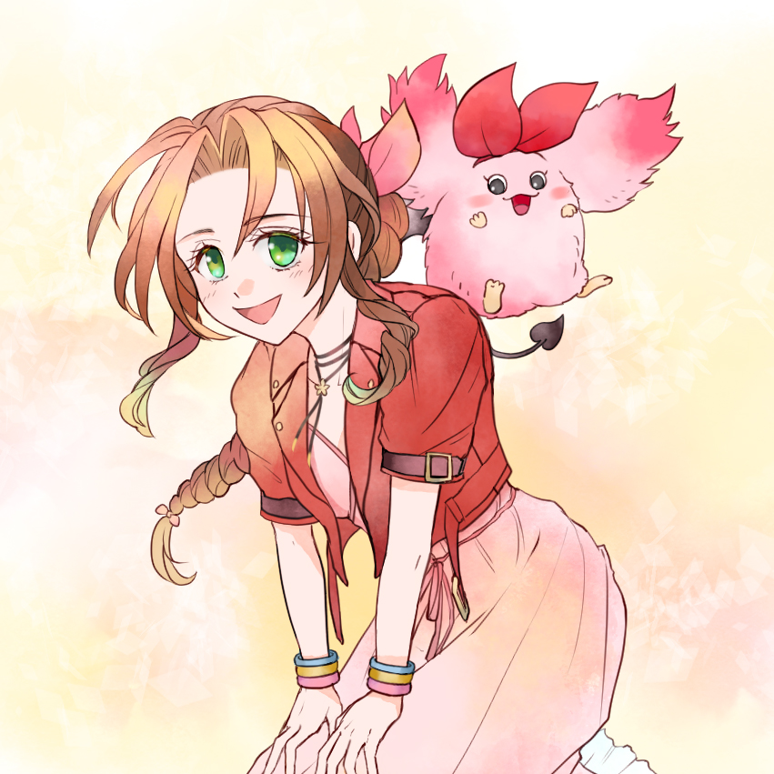 1girl, aerith_gainsborough, bangle, bracelet, braid, braided_ponytail, breasts, brown_hair