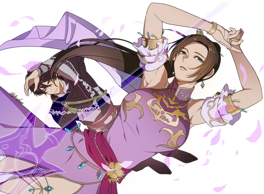 1boy, 1girl, armpits, arms_behind_head, black_hair, bracelet, breasts, brown_hair, china_dress, chinese_clothes, detached_sleeves, diao_chan_(shin_sangoku_musou), dress, earrings, green_eyes, hair_between_eyes, highres, igusaharu, jewelry, large_breasts, long_hair, parted_bangs, parted_lips, ponytail, purple_dress, sash, shin_sangoku_musou, shin_sangoku_musou_origins, twitter_username, upper_body, waist_sash, white_background, wide_sleeves, ziluan_(shin_sangoku_musou)