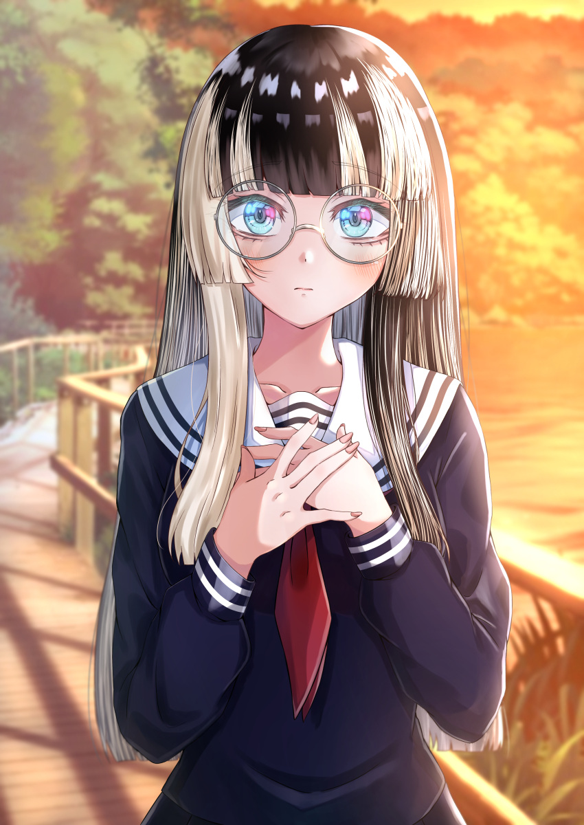 1girl, absurdres, alternate_costume, black_hair, black_serafuku, blue_eyes, blunt_bangs, closed_mouth, collarbone, commentary, glass, grey_hair, hands_on_own_chest, highres, hime_cut, hololive, hololive_dev_is, juufuutei_raden, long_hair, long_sleeves, looking_at_viewer, multicolored_hair, necktie, outdoors, red_necktie, round_eyewear, sailor_collar, school_uniform, serafuku, solo, straight-on, sunset, suzuka_(suzukawu), two-tone_hair, upper_body, virtual_youtuber, white_sailor_collar