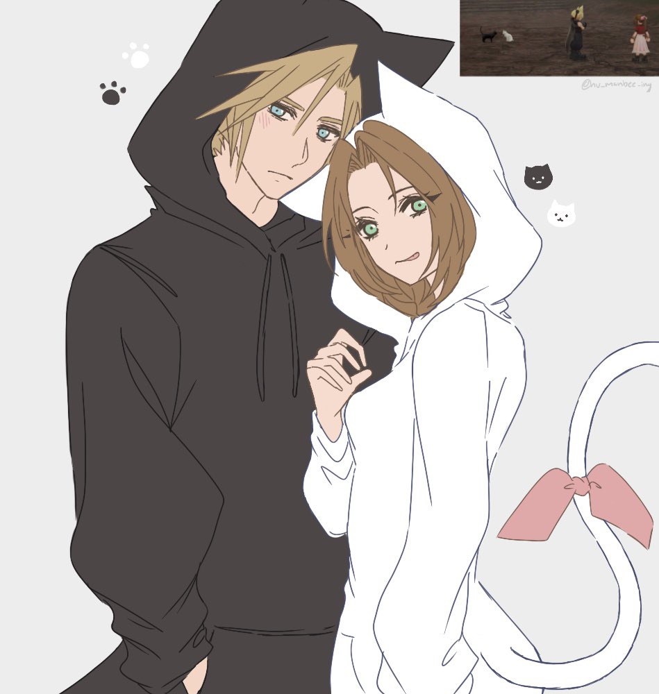 1boy, 1girl, aerith_gainsborough, animal_ear_hood, baggy_clothes, black_cat, black_fur, black_hoodie