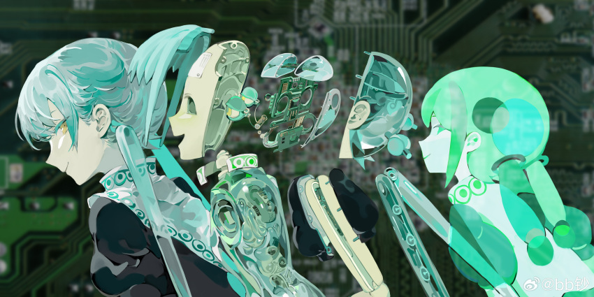 1girl, absurdres, android, bbchao, blue_hair, chinese_commentary, circuit_board, closed_mouth