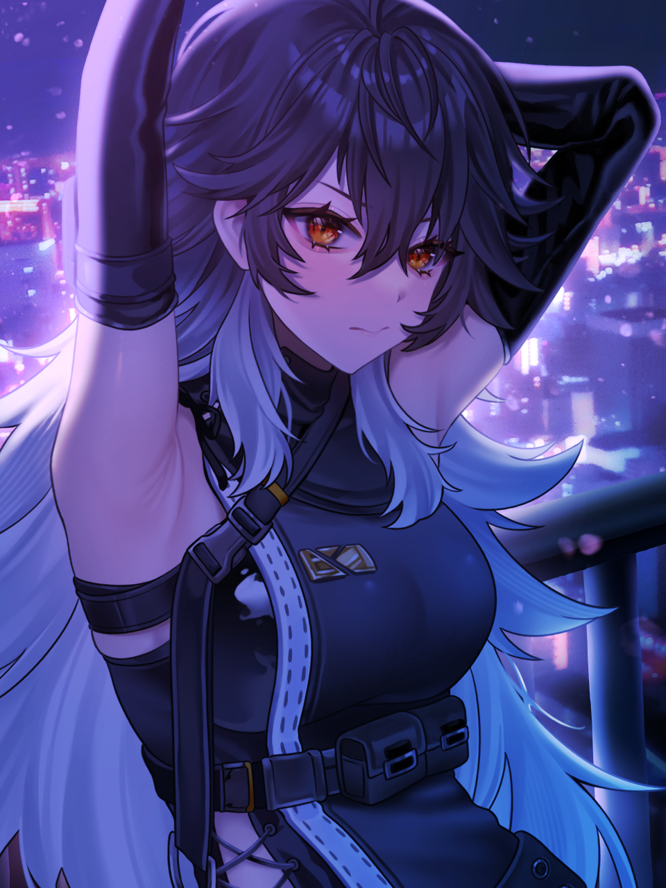 1girl, arm_behind_head, armpits, arms_up, bare_shoulders, black_hair, breasts, city_lights, cityscape, closed_mouth, commentary_request, cross-laced_clothes, elbow_gloves, gloves, goddess_of_victory:_nikke, hair_between_eyes, highres, huazhimaru0, k_(nikke), long_hair, medium_breasts, multicolored_hair, night, orange_eyes, outdoors, pouch, railing, sleeveless, solo, thigh_strap, tunic, upper_body, very_long_hair, white_hair