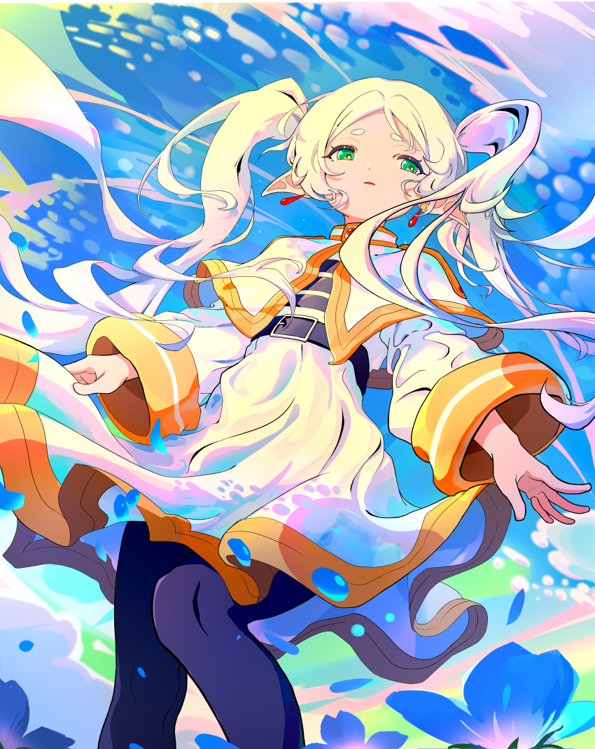 1girl, absurdres, belt, black_belt, black_pantyhose, blue_sky, capelet, clouds, cloudy_sky, earrings, elf, frieren, green_eyes, highres, jewelry, kou_koufu, long_hair, outdoors, pantyhose, pointy_ears, shirt, skirt, sky, solo, sousou_no_frieren, striped_clothes, striped_shirt, twintails, white_capelet, white_hair, white_skirt