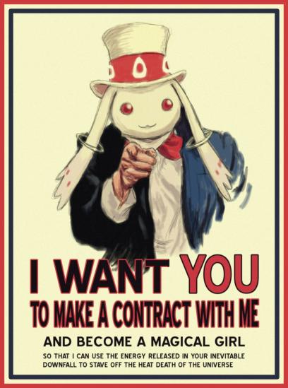 hat, i_want_you, kyubey, kyuubee, lord_(tvtropes), mahou_shoujo_madoka_magica, make_a_contract, no_humans, parody, pointing, poster, propaganda, red_eyes, solo, spoilers, top_hat, truth, uncle_sam