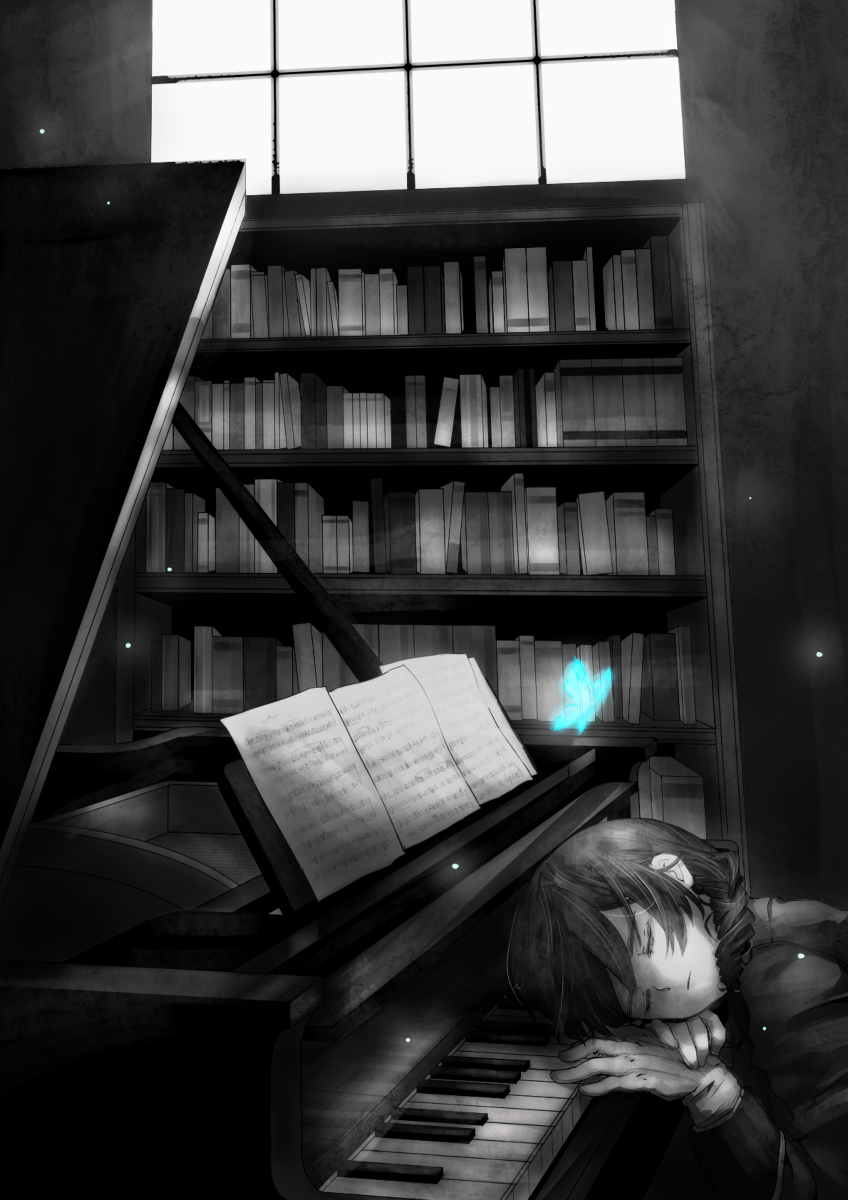 1girl, alter_ego_(game), black_hair, blue_butterfly, book, bookshelf, braid, braided_ponytail, butterfly, dust, es_(alter_ego), gloves, grand_piano, piano, resting_on_hands, sheet_music, sleeping, suit, white_gloves, window
