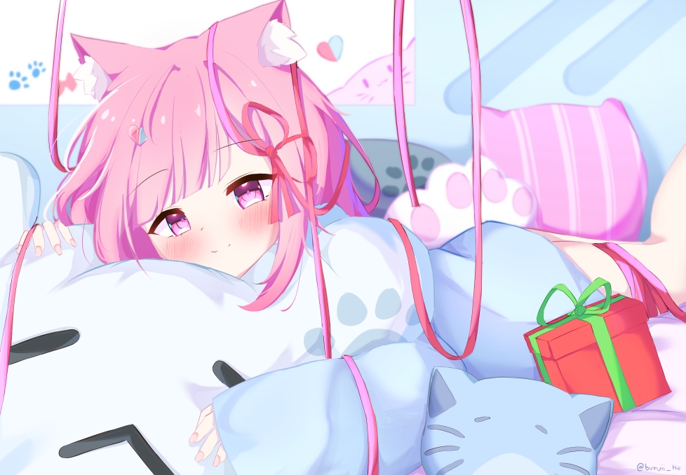 1girl, alternate_costume, animal_ear_fluff, animal_ears, blue_shirt, blunt_bangs, blush, buruii_tte