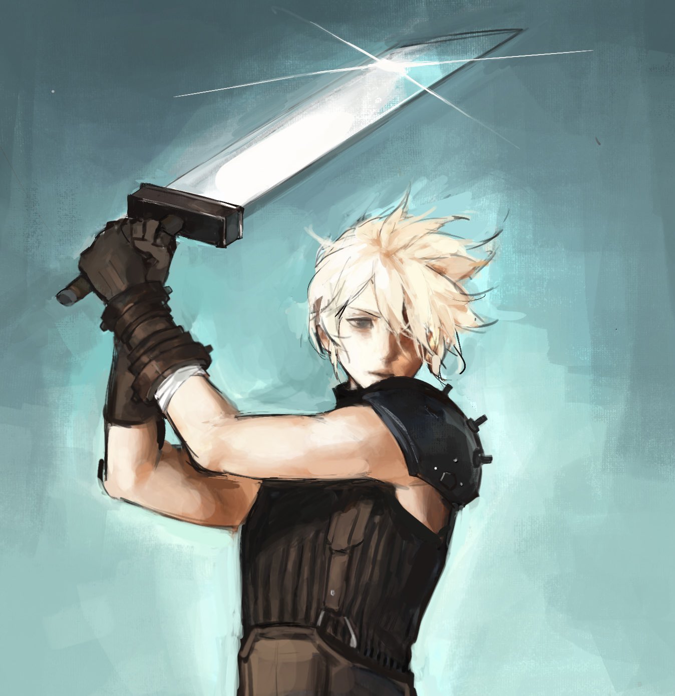 1boy, armor, arms_up, black_gloves, blonde_hair, buster_sword, cloud_strife, commentary_request, final_fantasy, final_fantasy_vii, gloves, hair_between_eyes, highres, holding, holding_sword, holding_weapon, huge_weapon, junimo30669, looking_ahead, male_focus, one_eye_covered, parted_bangs, parted_lips, pauldrons, shoulder_armor, single_pauldron, sleeveless, sleeveless_turtleneck, solo, suspenders, sword, turtleneck, weapon