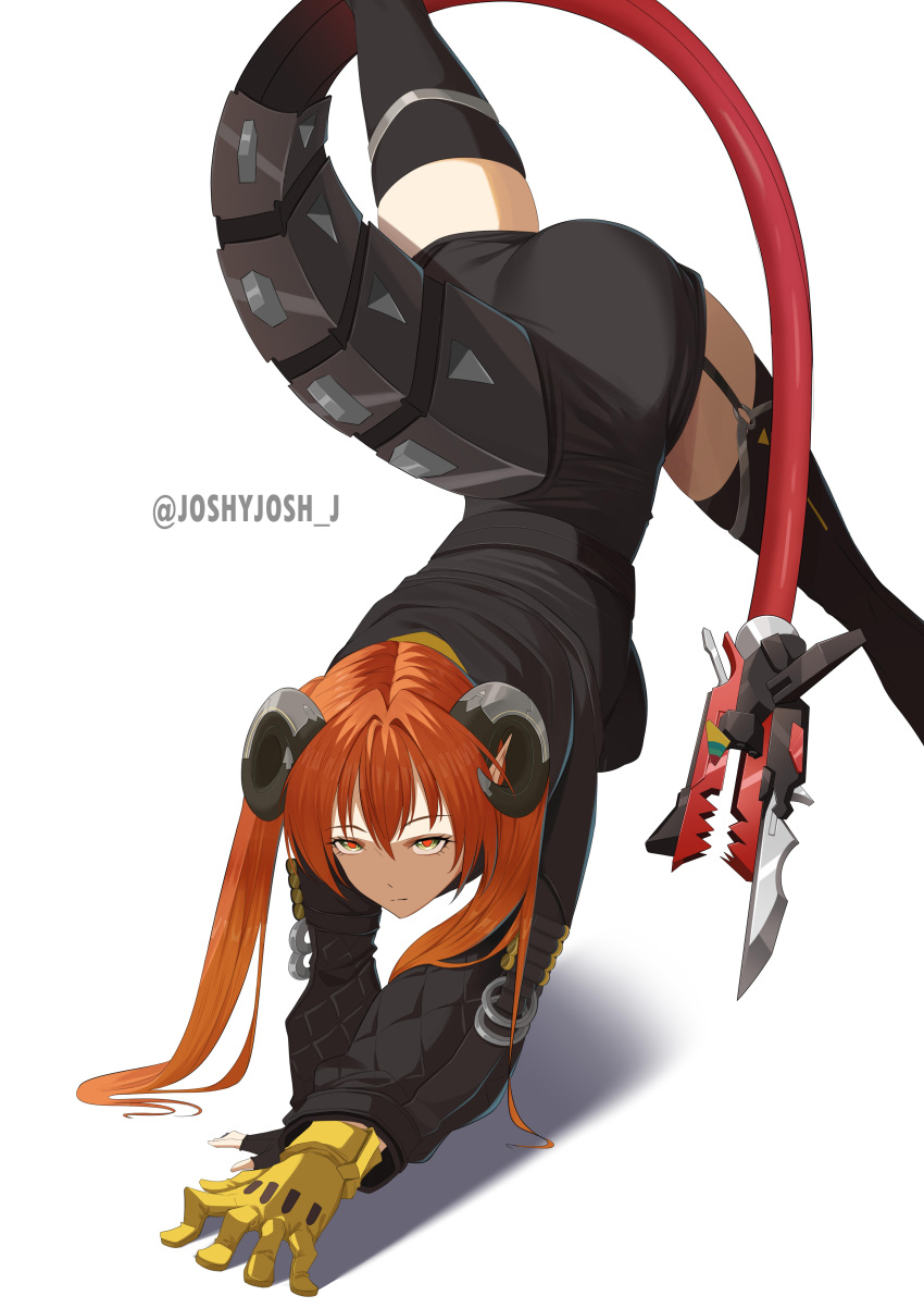 absurdres, black_thighhighs, cropped_hoodie, cyborg, dragon_girl, dragon_horns, dragon_tail, game_screenshot