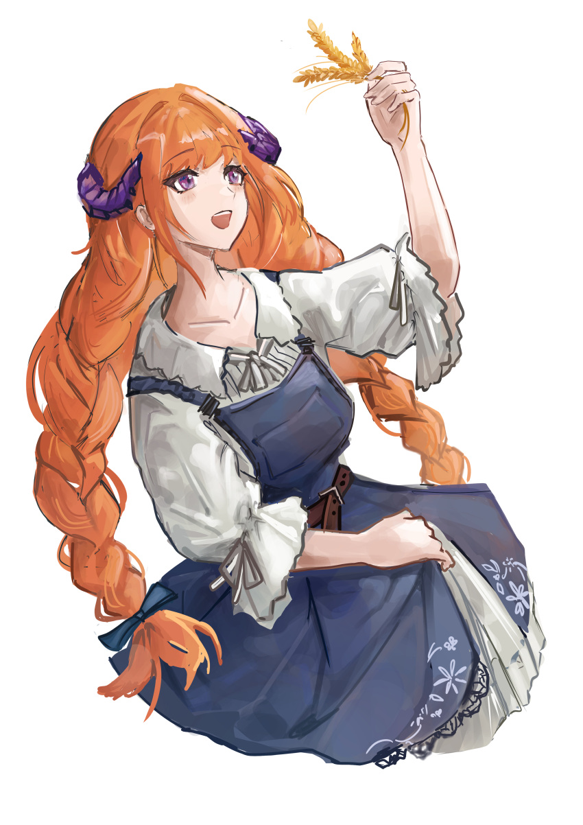 1girl, :d, absurdres, arknights, arm_up, bagpipe_(arknights), bagpipe_(echo_of_bagpipes)_(arknights), blue_dress, blush, braid, brown_hair, collarbone, cropped_legs, dress, highres, holding, holding_plant, horns, long_hair, looking_up, official_alternate_costume, open_mouth, pinafore_dress, plant, purple_horns, revision, saltyz, simple_background, sketch, sleeveless, sleeveless_dress, smile, solo, twin_braids, twintails, violet_eyes, wheat, white_background, white_dress