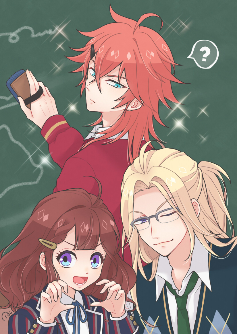 1girl, 2boys, ?, ahoge, ani_inako, bespectacled, blonde_hair, blue_eyes