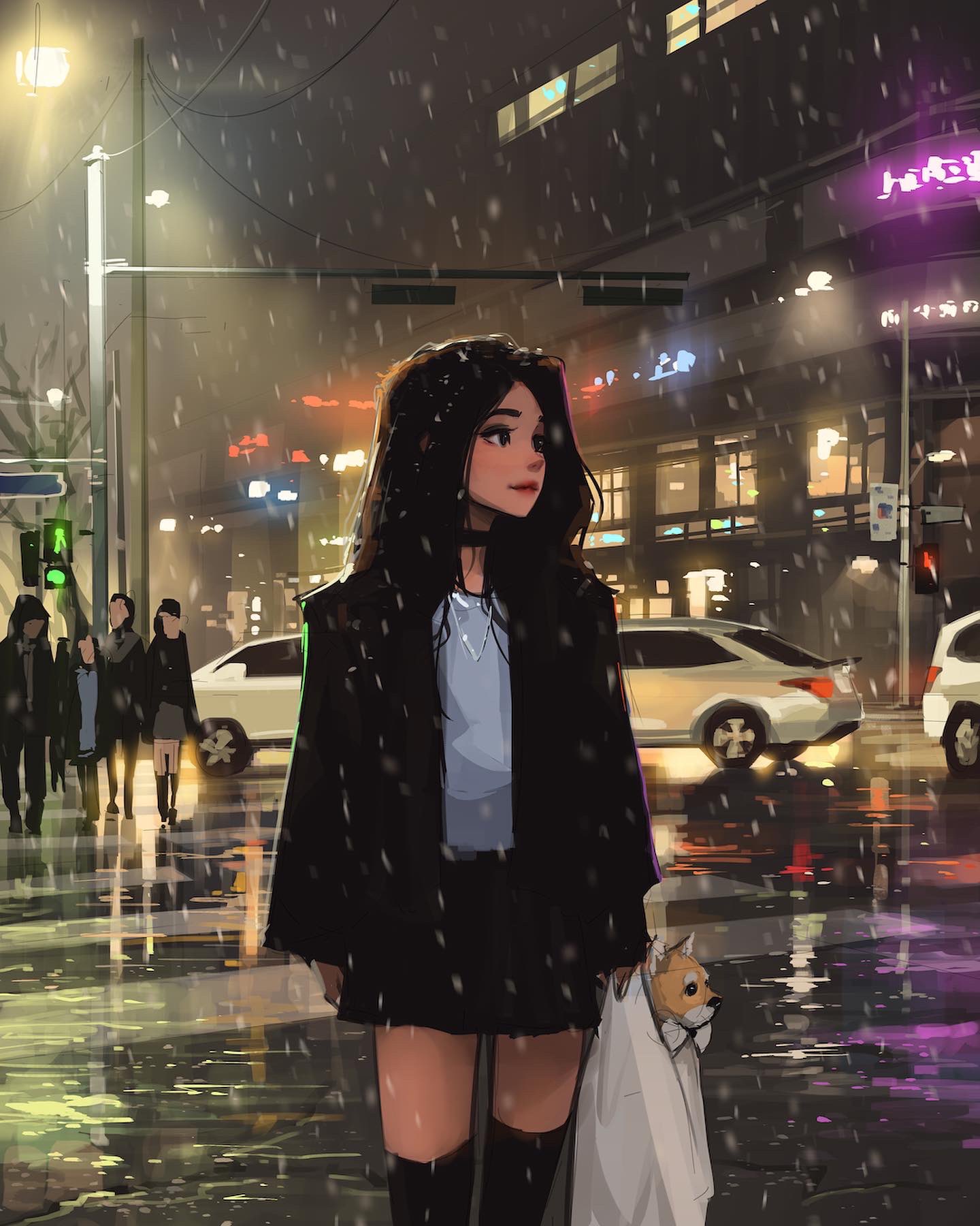 1girl, bag, black_choker, black_eyes, black_hair, black_jacket, black_skirt, black_socks