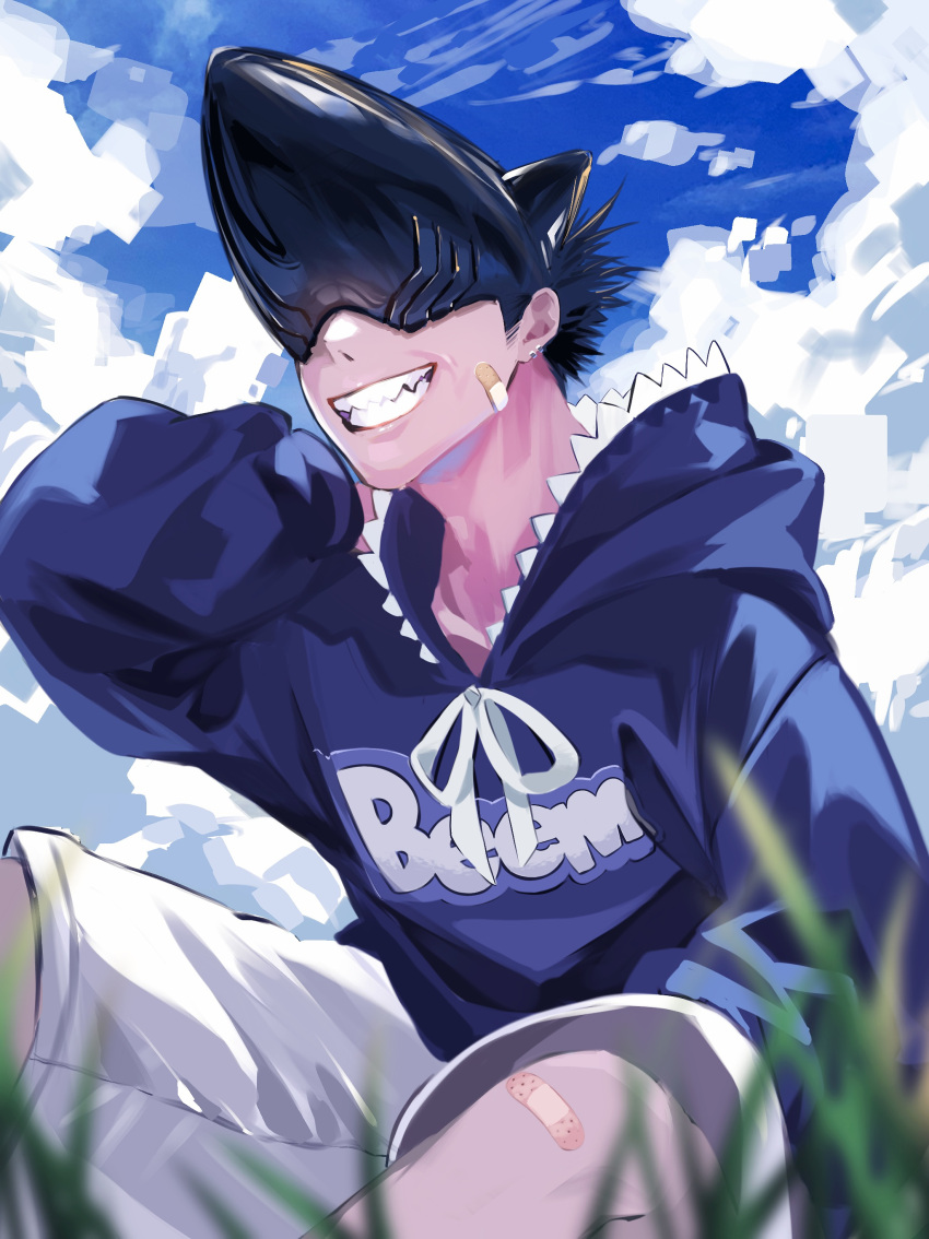 1boy, absurdres, animal_hood, bandaid, bandaid_on_cheek, bandaid_on_face, bandaid_on_knee, bandaid_on_leg