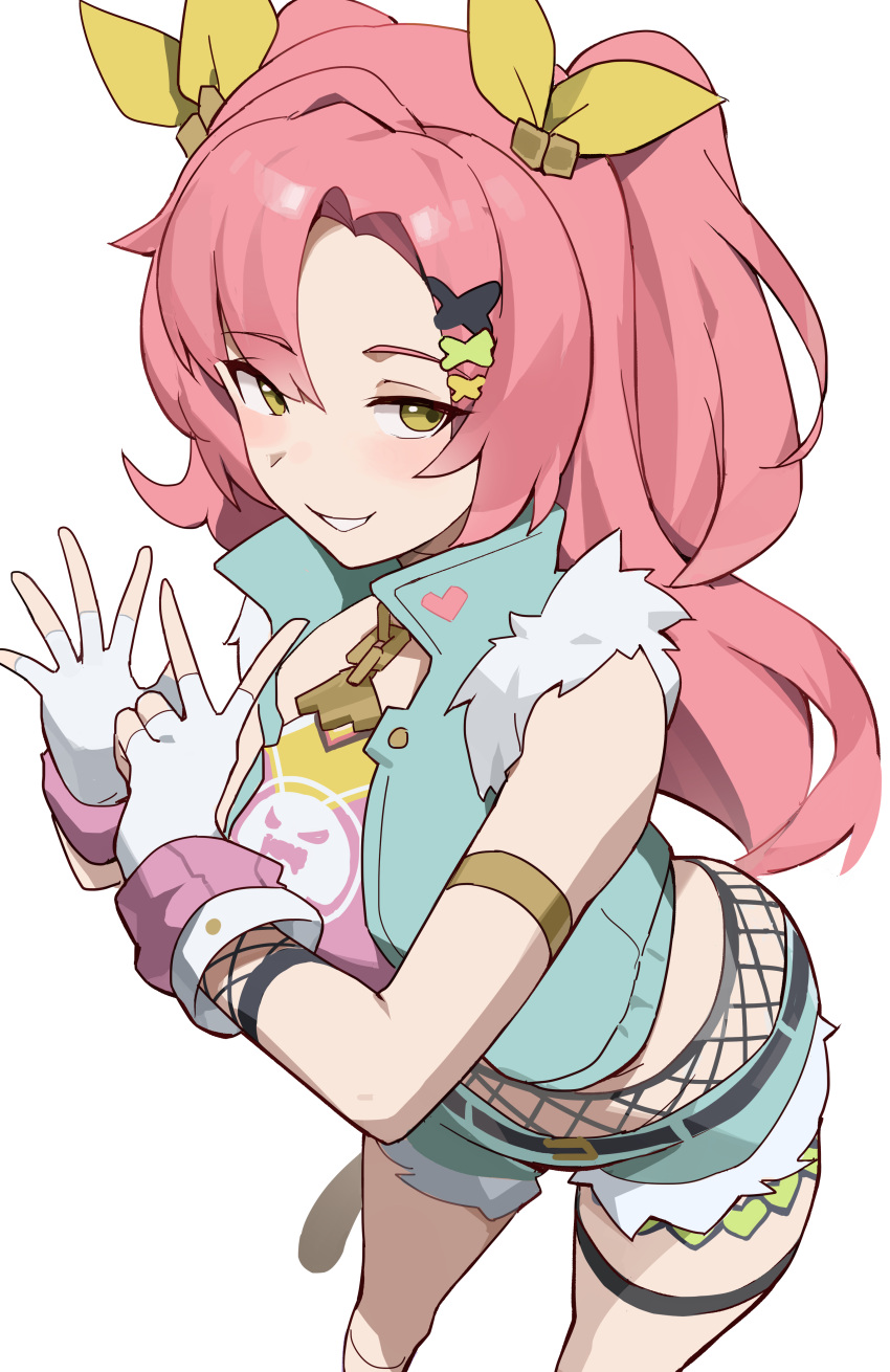 1girl, absurdres, blush, fake_tail, fingerless_gloves, fishnets, foreshortening, fur-trimmed_jacket, fur-trimmed_shorts, fur_trim, gloves, green_eyes, grin, highres, jacket, jewelry, long_hair, looking_at_viewer, necklace, nicole_demara, nicole_demara_(cunning_cutie), pink_hair, shorts, simple_background, smile, solo, t-lex, tail, thigh_strap, twintails, v, white_background, zenless_zone_zero