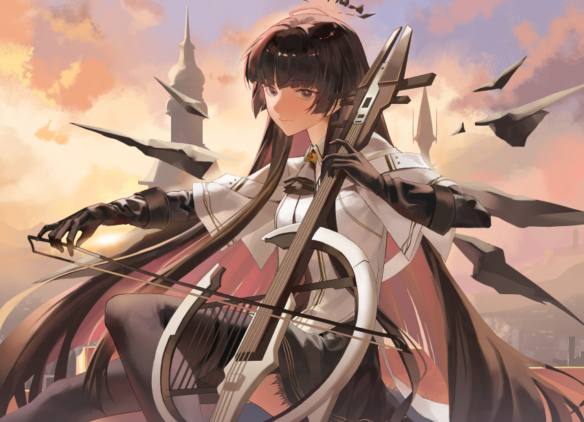 1girl, absurdres, arknights, ascot, black_ascot, black_eyes, black_gloves, black_hair