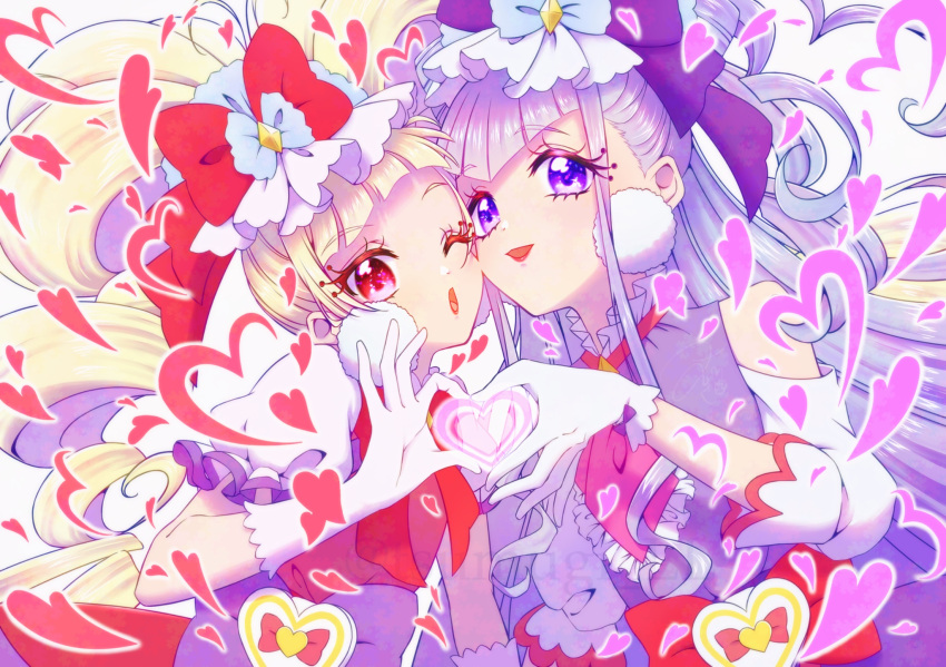 2girls, :d, :o, aisaki_emiru, ascot, blonde_hair, bow, bowtie