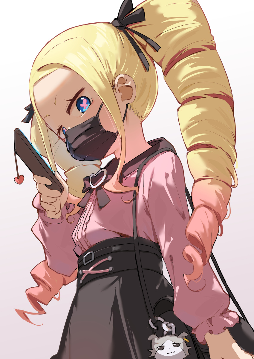 1girl, absurdres, alternate_costume, bag, bag_charm, beatrice_(re:zero), black_mask, black_ribbon, black_skirt, blonde_hair, blue_eyes, butterfly-shaped_pupils, cellphone, cellphone_charm, center_frills, charm_(object), commentary_request, drill_hair, flat_chest, frills, gradient_hair, hair_ribbon, high-waist_skirt, highres, holding, holding_phone, jirai_kei, kinn_(kinn70133), long_hair, long_sleeves, looking_at_viewer, mask, mouth_mask, multicolored_hair, parted_bangs, phone, pink_hair, pink_shirt, re:zero_kara_hajimeru_isekai_seikatsu, ribbon, shirt, short_eyebrows, shoulder_bag, simple_background, skirt, smartphone, solo, symbol-shaped_pupils, twin_drills, twintails, two-tone_hair, upper_body, white_background