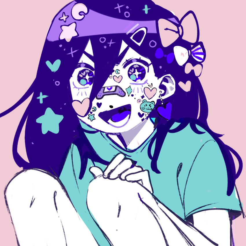 +_+, 1girl, absurdres, aqua_shirt, aubrey_(headspace)_(omori), aubrey_(omori), bandaid, bandaid_on_face