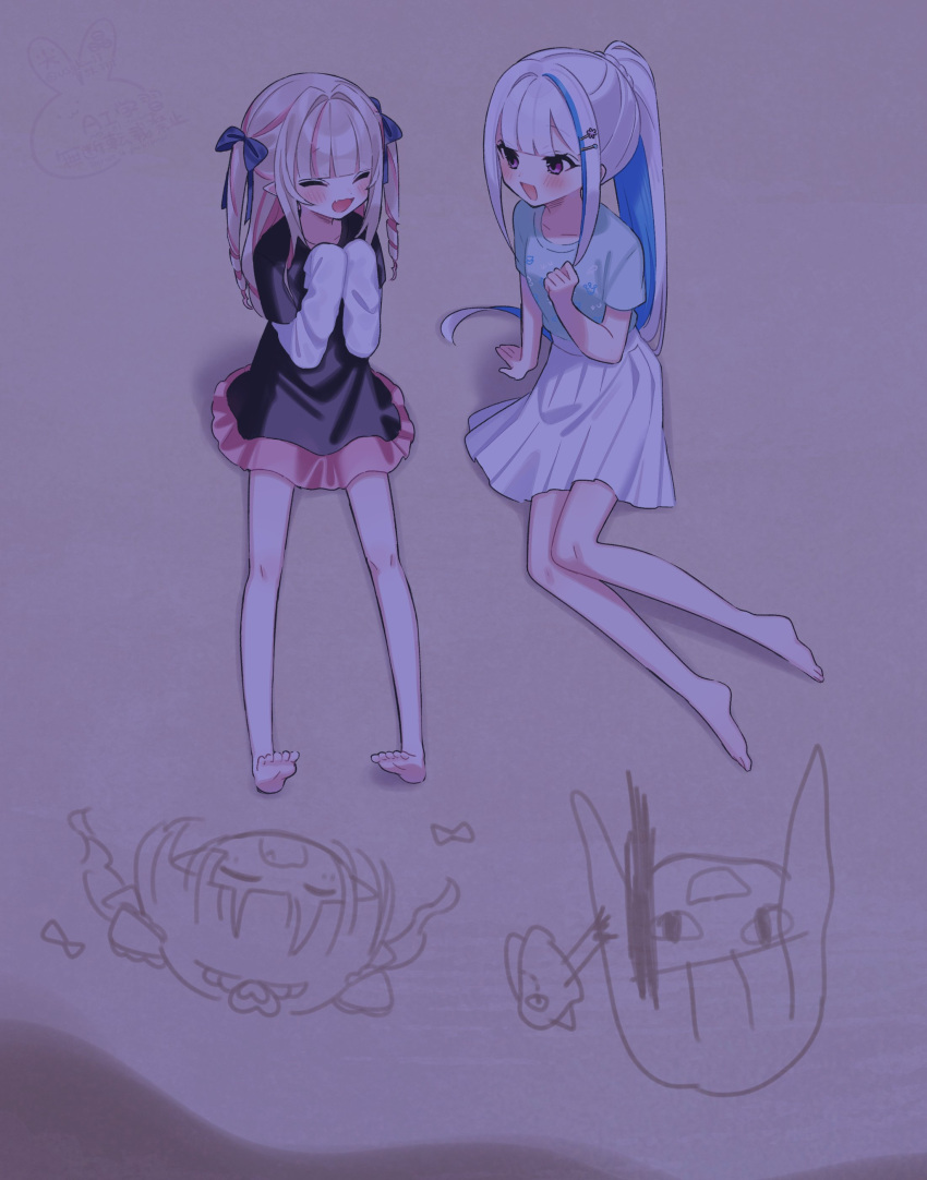 2girls, absurdres, barefoot, beach, black_shirt, blue_hair, blue_shirt, blush