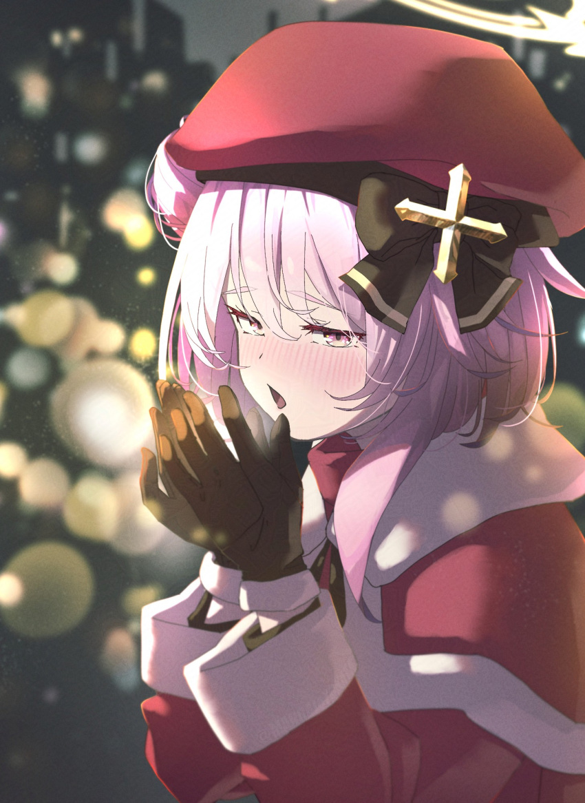 1girl, beret, black_bow, black_gloves, blue_archive, blurry, blush, bokeh