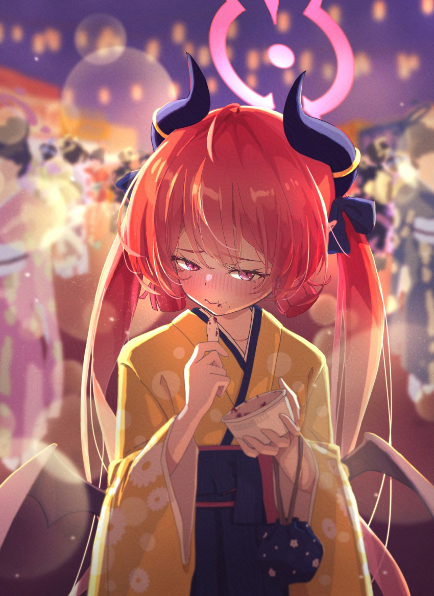 1girl, black_hakama, black_horns, blue_archive, blurry, blurry_background, blush, bokeh