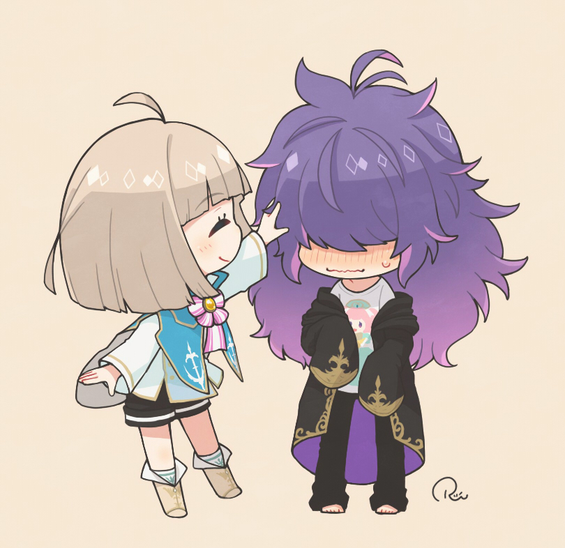 2boys, ahoge, barefoot, black_pants, black_robe, black_shorts, blue_cape, boots