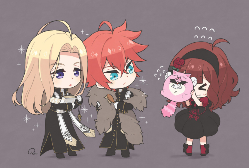 >_<, 1girl, 2boys, ahoge, ani_inako, black_hairband, black_skirt, blonde_hair