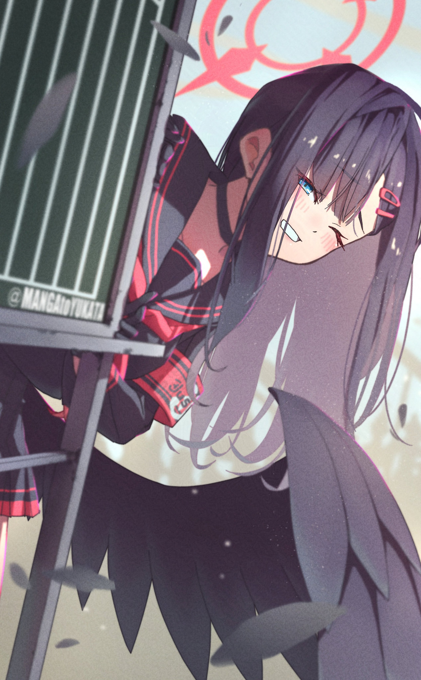 1girl, absurdres, armband, black_choker, black_feathers, black_gloves, black_hair, black_sailor_collar, black_serafuku, black_skirt, black_wings, blue_archive, blue_eyes, blush, choker, commentary, falling_feathers, feathered_wings, feathers, gloves, grin, hair_ornament, hairclip, halo, highres, ichika_(blue_archive), long_hair, long_sleeves, looking_at_viewer, low_wings, matsumoto_yutaka, neckerchief, one_eye_closed, pleated_skirt, red_armband, red_halo, red_neckerchief, safety_pin, sailor_collar, school_uniform, serafuku, skirt, smile, solo, wings