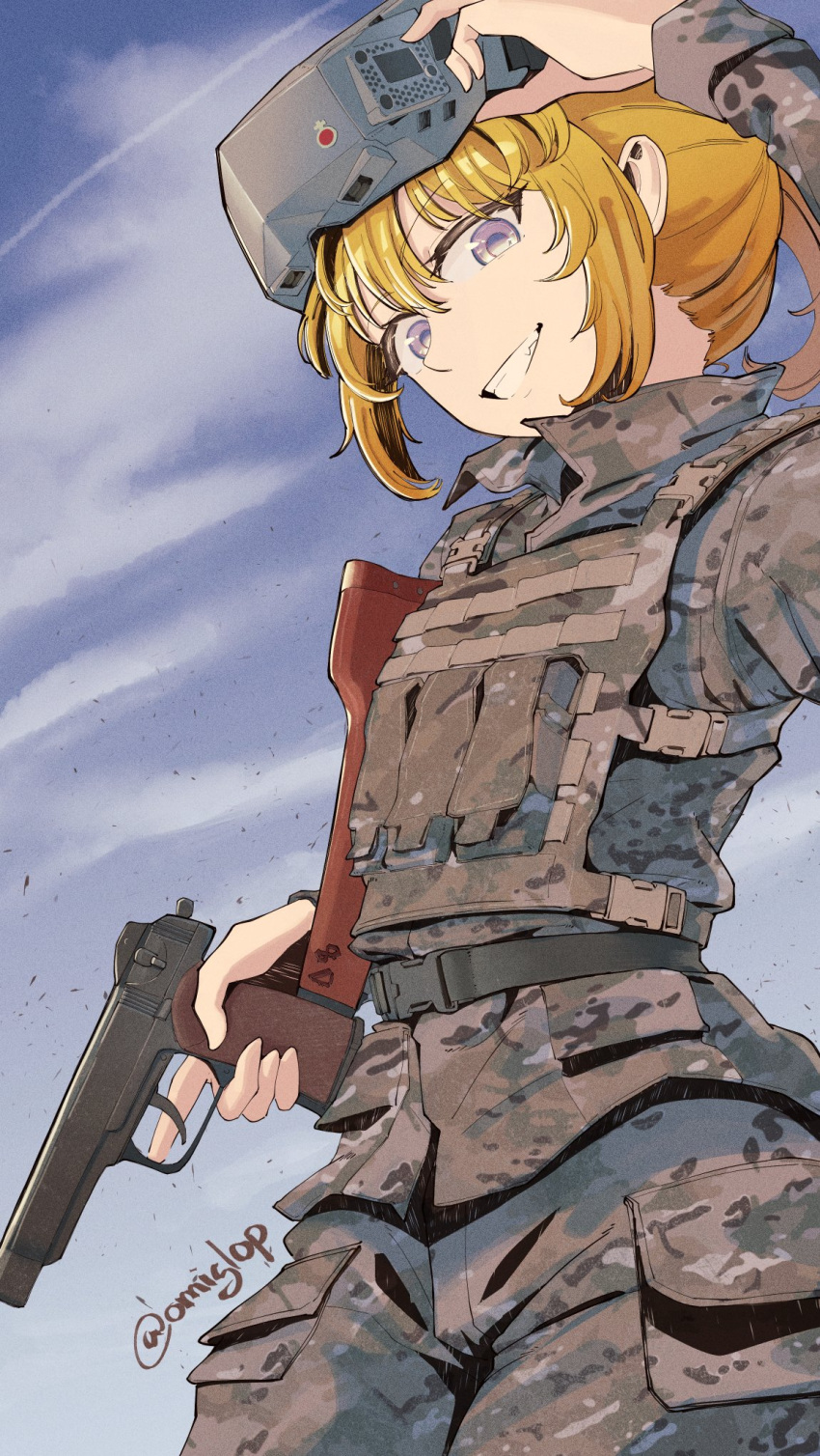 1girl, 35th_marine_brigade, ammunition_pouch, artist_name, bad_link, belt, belt_around_waist, blonde_hair