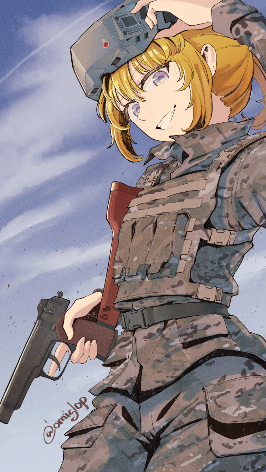 1girl, 35th_marine_brigade, ammunition_pouch, artist_name, bad_link, belt, belt_around_waist, blonde_hair, blue_sky, body_armor, brown_jacket, brown_pants, bulletproof_vest, camouflage, camouflage_jacket, cargo_pants, clouds, cloudy_sky, commissioner_source, digital_camouflage, fang, from_below, grin, gun, handgun_stock, highres, holding, holding_removed_eyewear, holding_weapon, jacket, long_hair, looking_at_viewer, military, military_combat_uniform, military_jacket, military_operator, military_uniform, omiglop, open_collar, pants, pouch, signature, sky, smile, solo, standing, tanya_degurechaff, tanya_degurechaff_(sleepwalker), unworn_eyewear, violet_eyes, weapon, weapon_request, youjo_senki