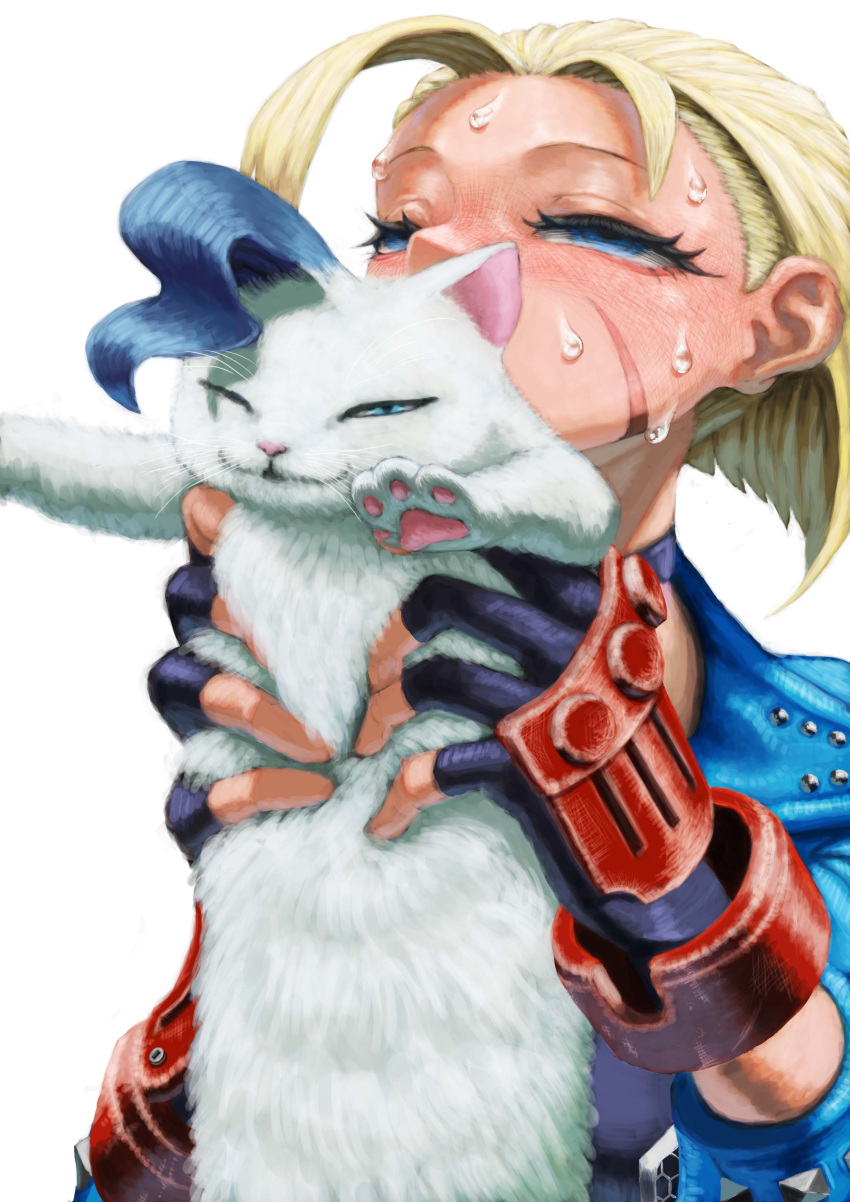 1girl, absurdres, animal, animal_hands, blonde_hair, blue_eyes, blue_hair, blue_jacket