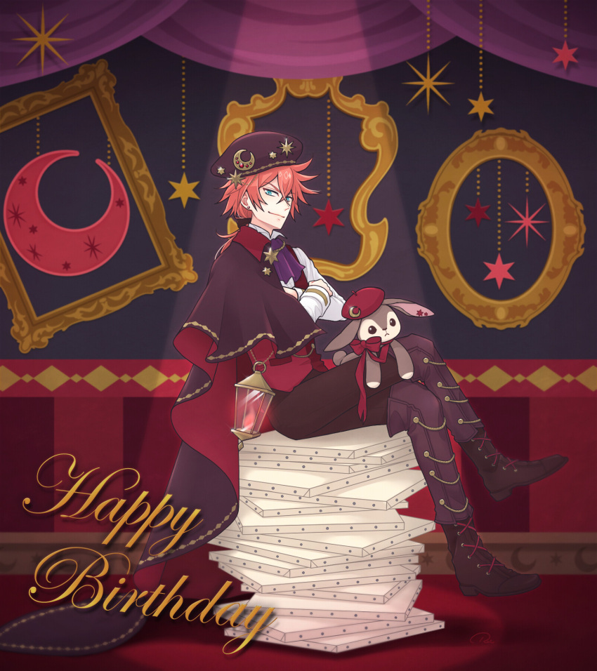 1boy, ascot, blue_eyes, boots, brown_boots, canvas_(object), cape, closed_mouth