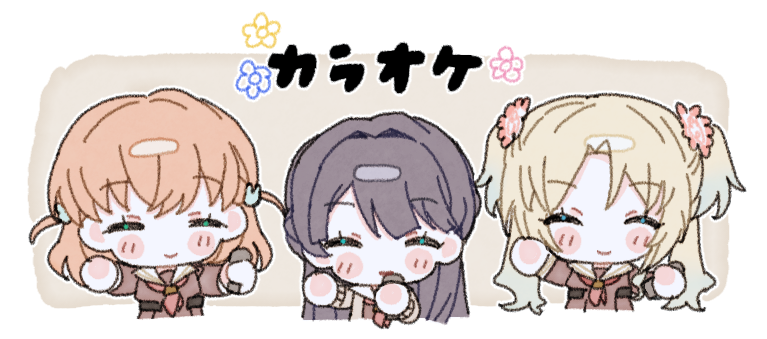 17_(i77_com), 3girls, black_hair, blonde_hair, blue_hair, border, brown_background, brown_cardigan