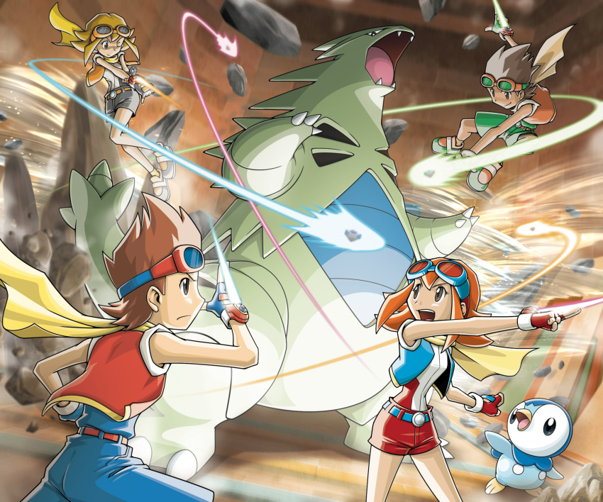 2boys, 2girls, alternate_color, artist_request, belt, ben_(pokemon), blonde_hair, blue_belt