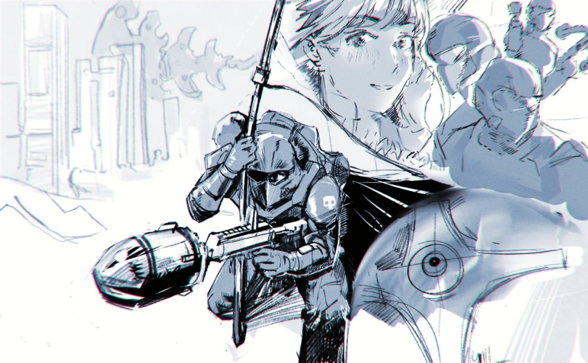character_request, chromatic_aberration, gun, helldiver_(helldivers), helldivers_(series), holding, holding_weapon, military
