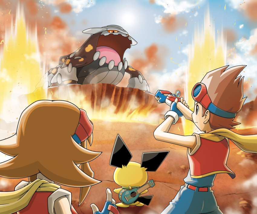 1boy, 1girl, aiming, artist_request, ben_(pokemon), blue_gloves, blue_pants, blue_shirt
