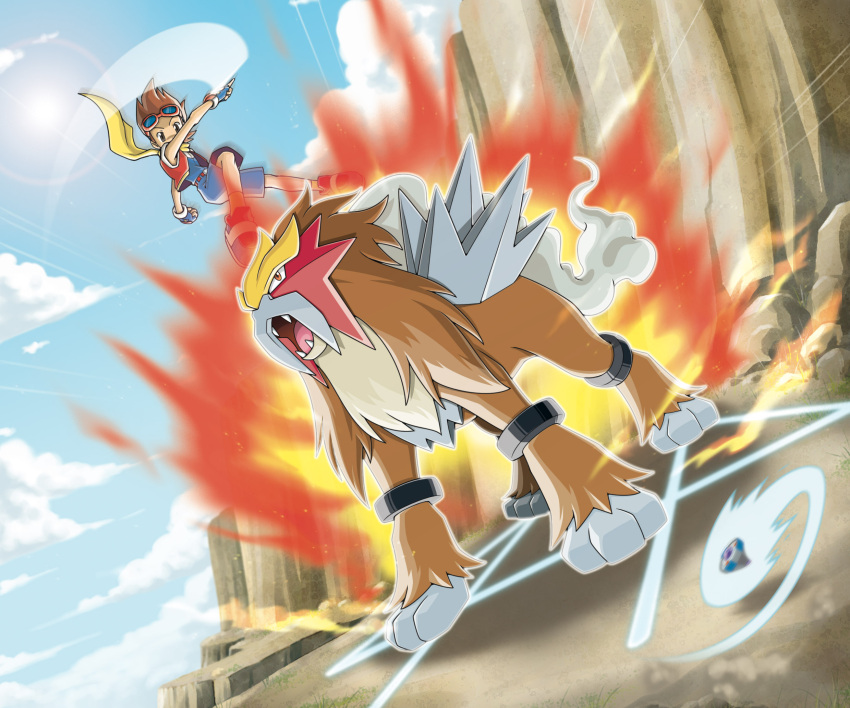 1boy, artist_request, ben_(pokemon), blue_gloves, blue_shirt, blue_shorts, blue_sky, brown_hair