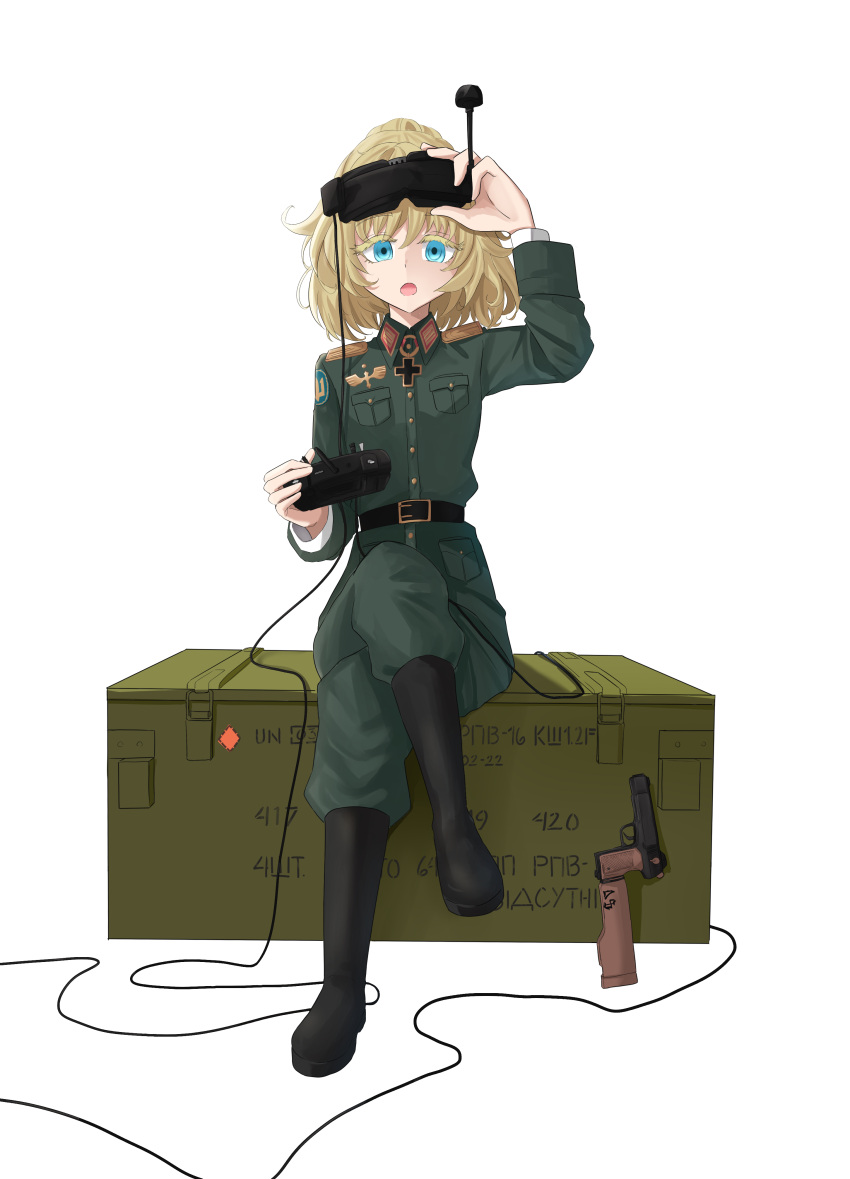 1girl, 35th_marine_brigade, :o, absurdres, arm_patch, arm_up, belt, belt_around_waist