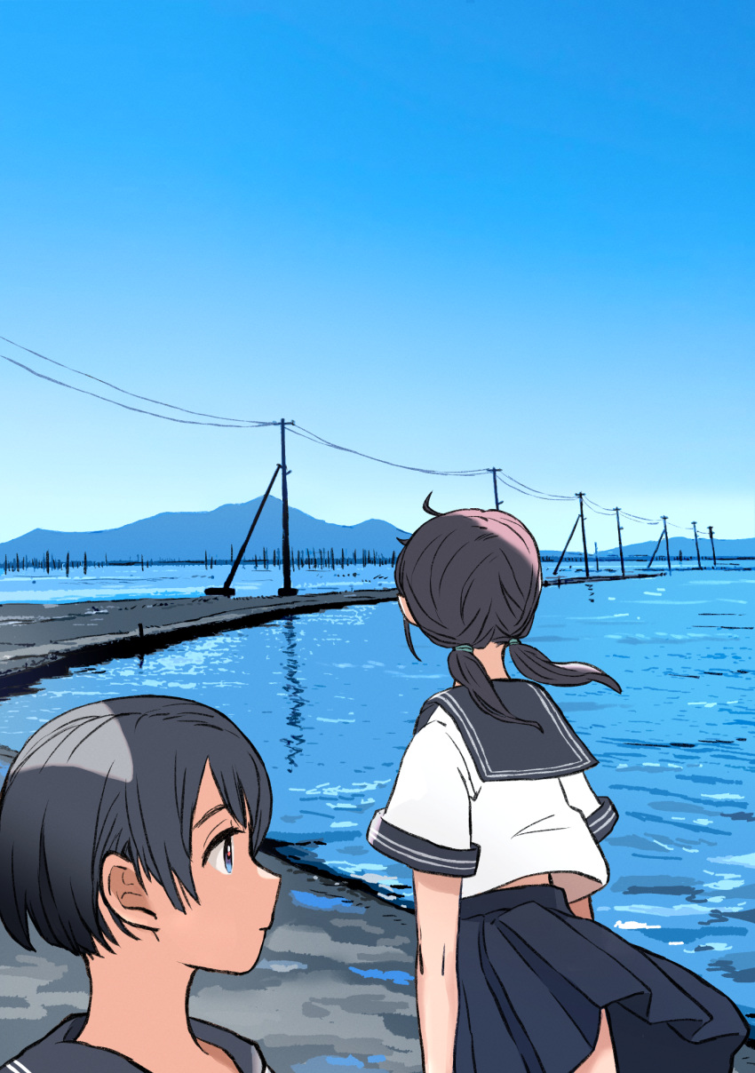 2girls, ahoge, black_hair, blue_sailor_collar, blue_skirt, blue_sky, closed_mouth, clouds