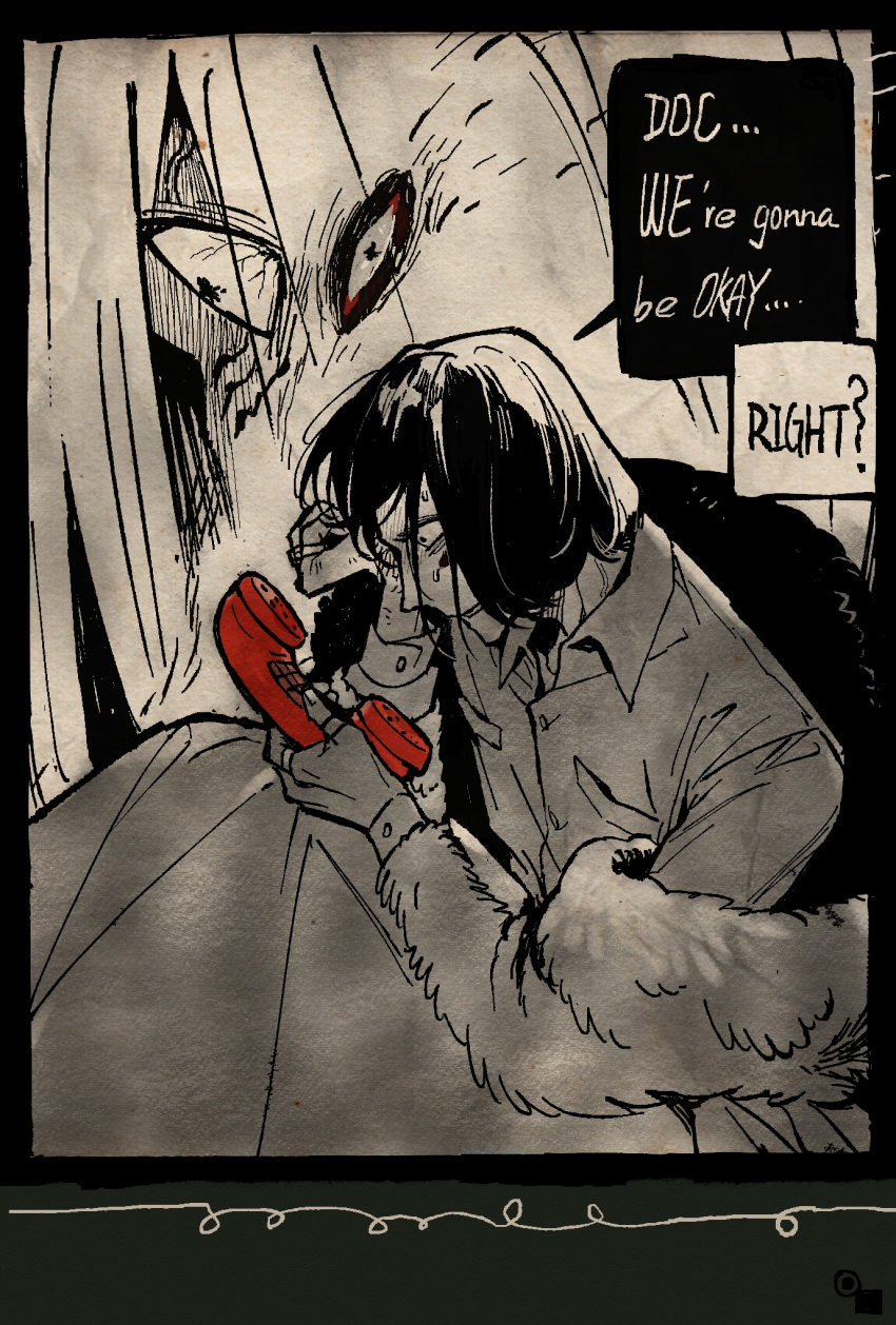 1boy, blanket, coat, cordless_phone, english_text, extra_eyes, fur_coat, heizuo955