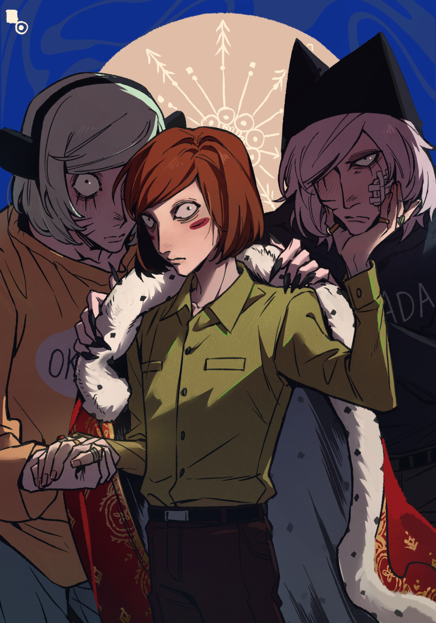 3boys, absurdres, aged_down, animal_ears, animal_hat, black_eyes, blue_background, blue_hair